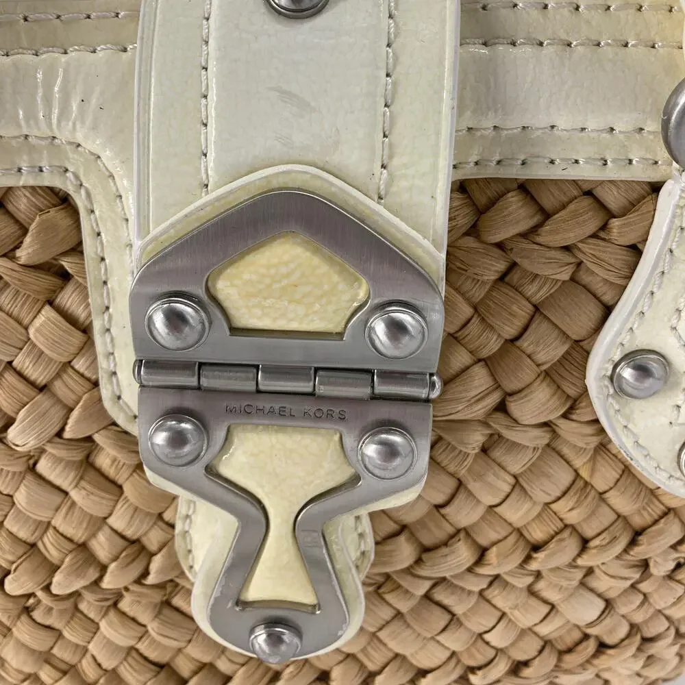 Michael Kors, brown basket weave, patten leather trim